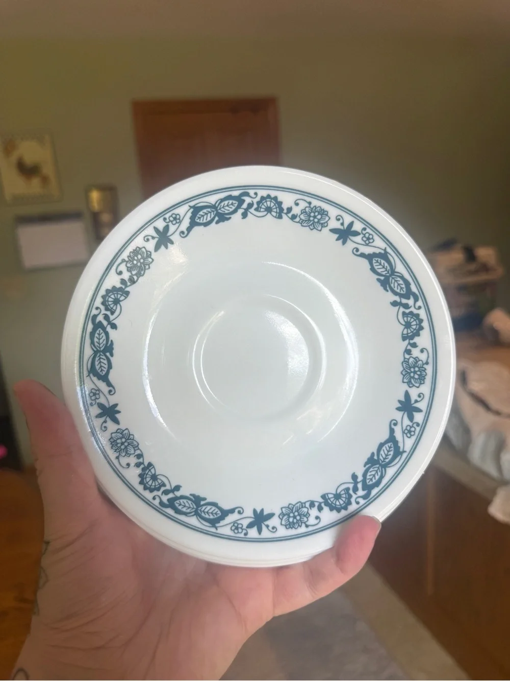 8 Corelle White Saucers with Teal Floral Vine Border